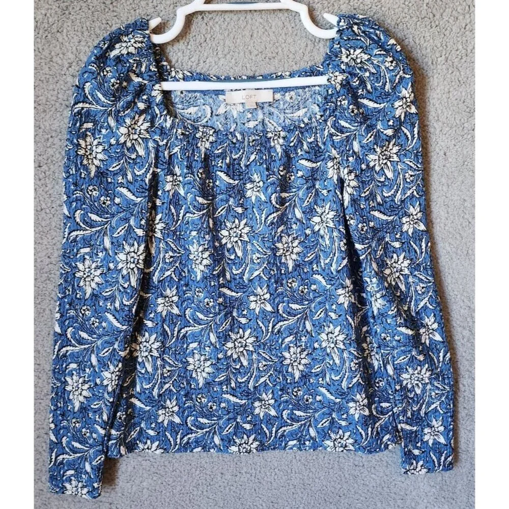 LOFT Women's Square Neck Long Puff Sleeve‎ Blouse Top Blue/White Floral Size S